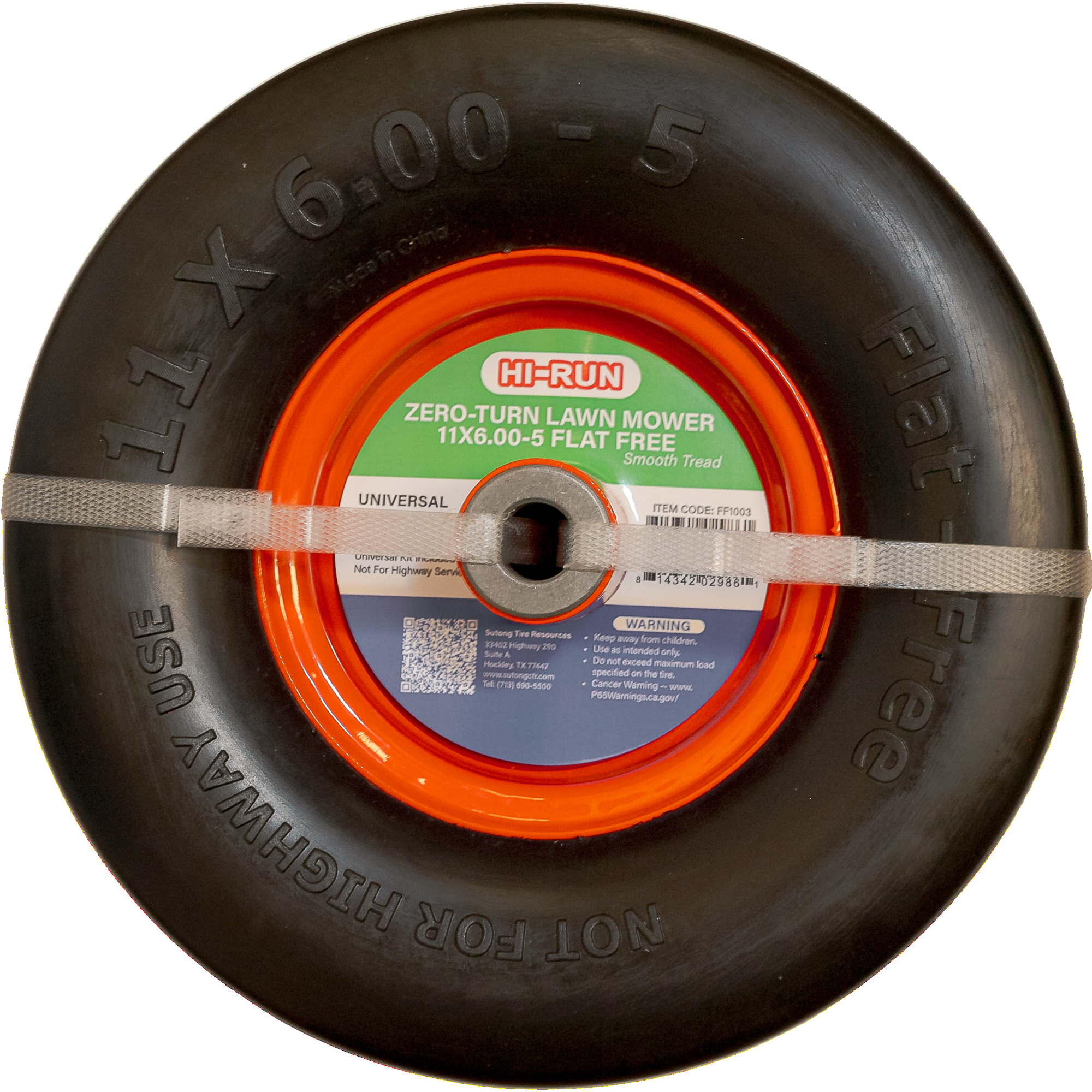 HI-RUN, Flat Free Tire/Wheel with Kits, Smooth, 3/4in. ID, Tire Size 11X6.00-5 Model# FF1003